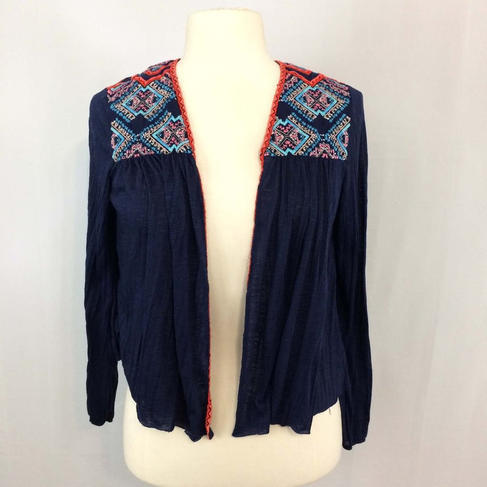 American Eagle Outfitters Navy Blue Embroidered Cropped Open Front Cardigan sz S